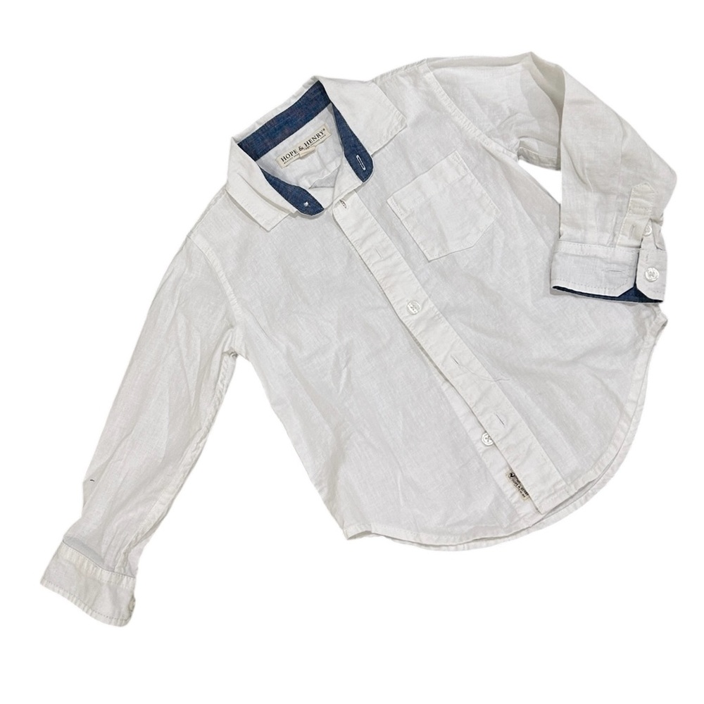 Hope & Henry White linen/cotton Blue denim collar trim Button Down Shirt size xs